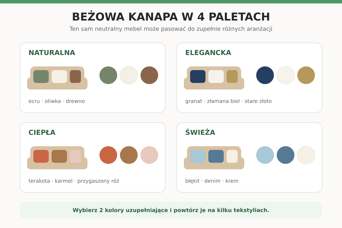 Beżowa kanapa w czterech paletach kolorystycznych